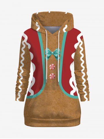 Plus Size Christmas Gingerbread Bowknot Candy Print Pockets Pullover Drawstring Hoodie - COFFEE - M