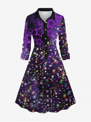 Plus Size Galaxy Stars Sparkling Sequin Glitter 3D Print Buttons Turndown Collar Long Sleeve Shirt Dress