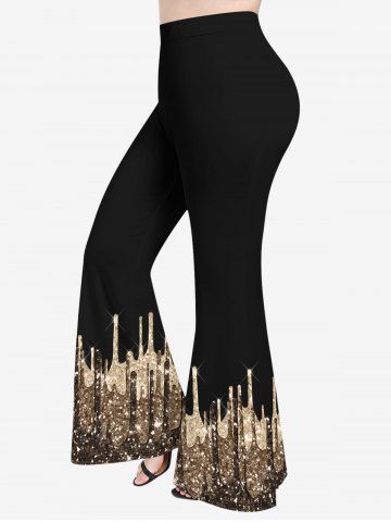 Plus Size Glitter Sparkling Sequins Paint Drop Print Pull On Flare Pants - DEEP COFFEE - S
