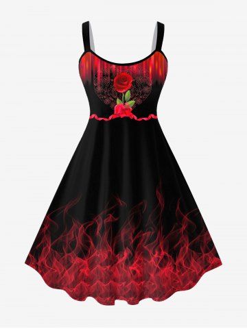 Plus Size Valentine's Day Rose Flower Heart Ribbon Flame Print Tank Dress - RED - XS