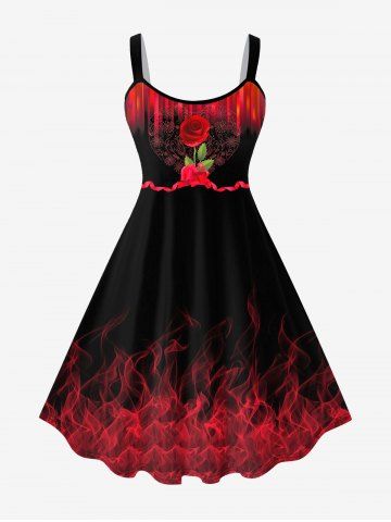 Plus Size Valentine's Day Rose Flower Heart Ribbon Flame Print Tank Dress - RED - 1X