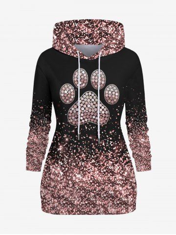 Plus Size Cat Claw Sparkling Sequin Glitter 3D Print Pullover Drawstring Hoodie - LIGHT PINK - M