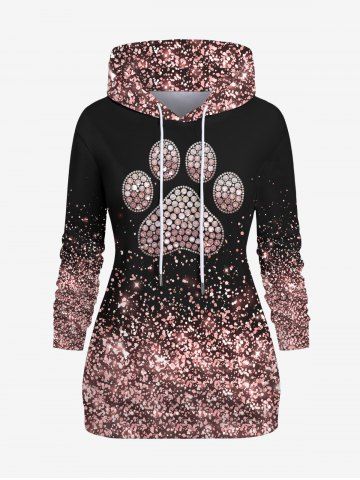 Plus Size Cat Claw Sparkling Sequin Glitter 3D Print Pullover Drawstring Hoodie - LIGHT PINK - L