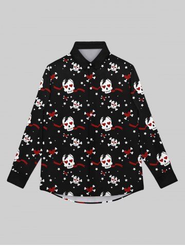 Gothic Valentine's Day Skulls Heart Stars Print Buttons Shirt For Men - BLACK - 2XL