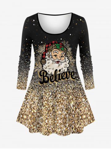 Plus Size Christmas Snowflake Santa Clause Sparkling Sequin Glitter 3D Print Long Sleeve T-shirt - GOLDEN - XS