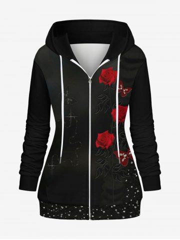 Plus Size Valentine's Day Rose Flowers Butterfly Crystal Colorblock Glitter 3D Print Pockets Zip Up Drawstring Hoodie - BLACK - XS