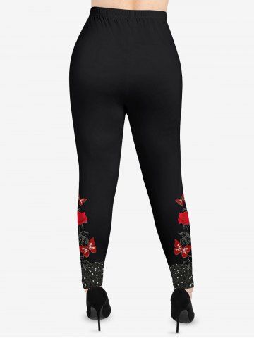 Plus Size Valentine's Day Rose Flowers Butterfly Crystal Colorblock Print Leggings