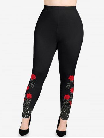 Plus Size Valentine's Day Rose Flowers Butterfly Crystal Colorblock Print Leggings