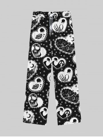 Pantalon de Survêtement D'Ecole avec Cordon de Serrage à Imprimé Crâne Squelette et Cœur pour la Saint-Valentin - BLACK - 4XL