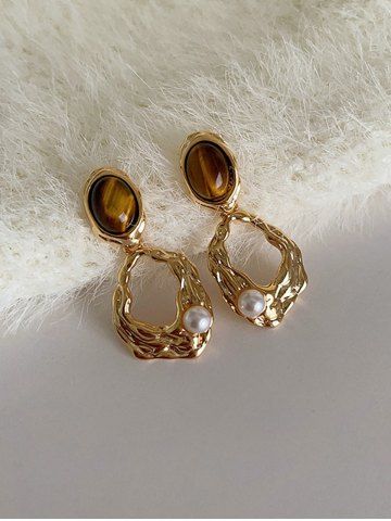 Tiger Eye Stone Pearl Asymmetrical Drop Earrings - GOLDEN