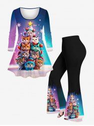 Ensemble de T-shirt Ombré Chat Sapin de Noël et Etoile Imprimés à Manches Longues - Multi-A 