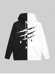 Gothic 3D Ripped Bloody Drop Print Two Tone Patchwork Pocket Drawstring Fleece Lining Pullover Hoodie For Men -  