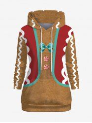 Plus Size Christmas Gingerbread Bowknot Candy Print Pockets Pullover Drawstring Hoodie -  