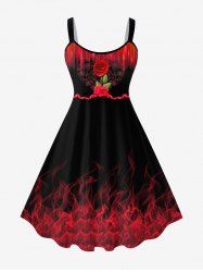 Plus Size Valentine's Day Rose Flower Heart Ribbon Flame Print Tank Dress -  