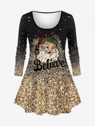 Plus Size Christmas Snowflake Santa Clause Sparkling Sequin Glitter 3D Print Long Sleeve T-shirt -  