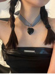 Fashion Plaid Ribbon Heart Shaped Pendant Necklace -  