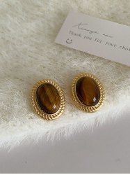 Fashion Faux Gemstone Metal Oval Shaped Stud Earrings -  