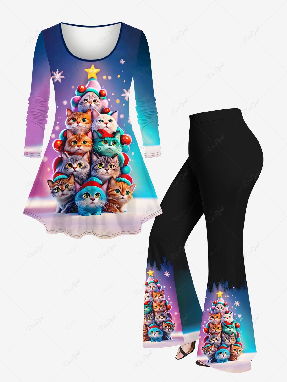 Ensemble de T-shirt Ombré Chat Sapin de Noël et Etoile Imprimés à Manches Longues Multi-A 