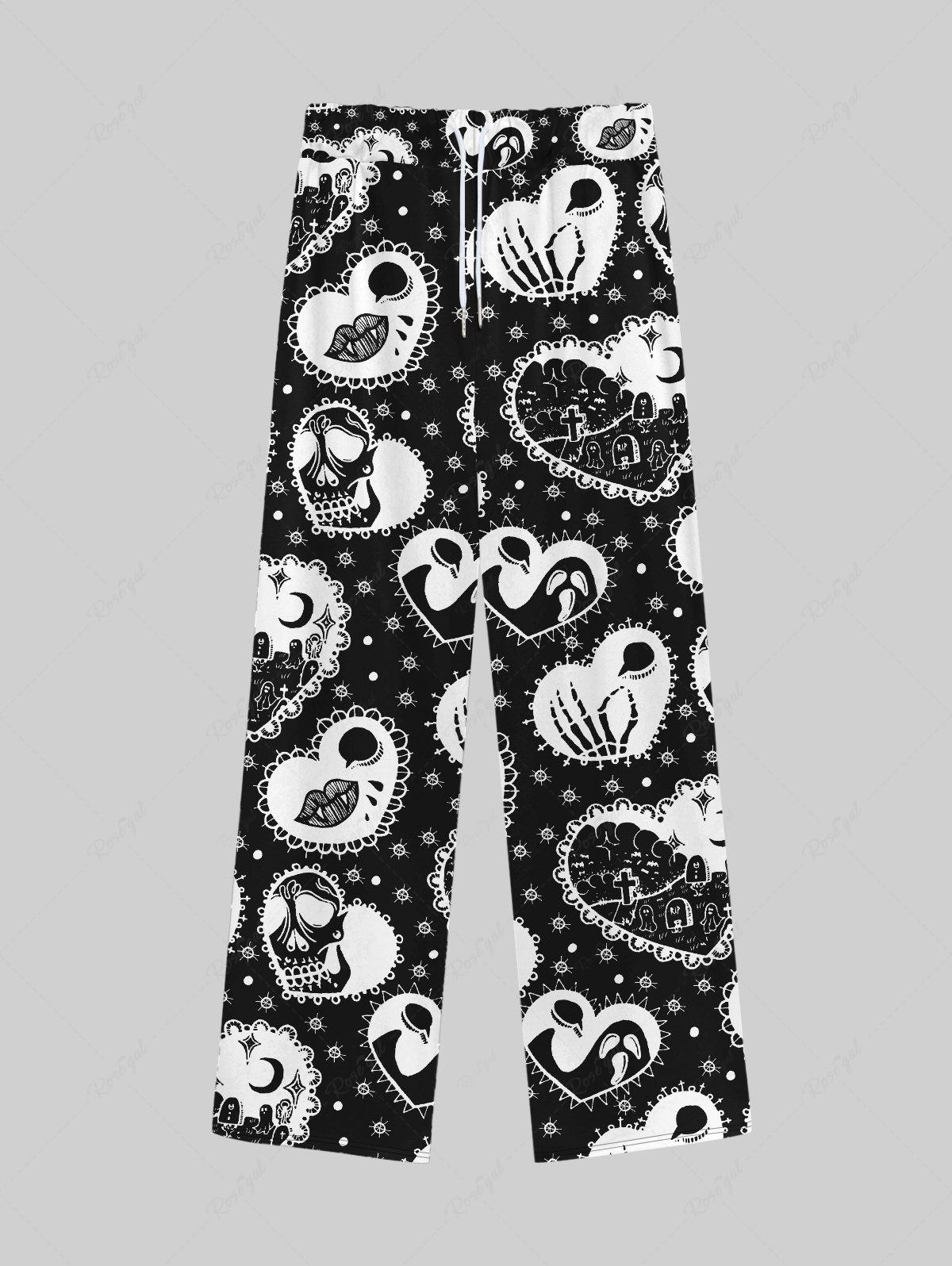 Pantalon de Survêtement D'Ecole avec Cordon de Serrage à Imprimé Crâne Squelette et Cœur pour la Saint-Valentin Noir 8XL