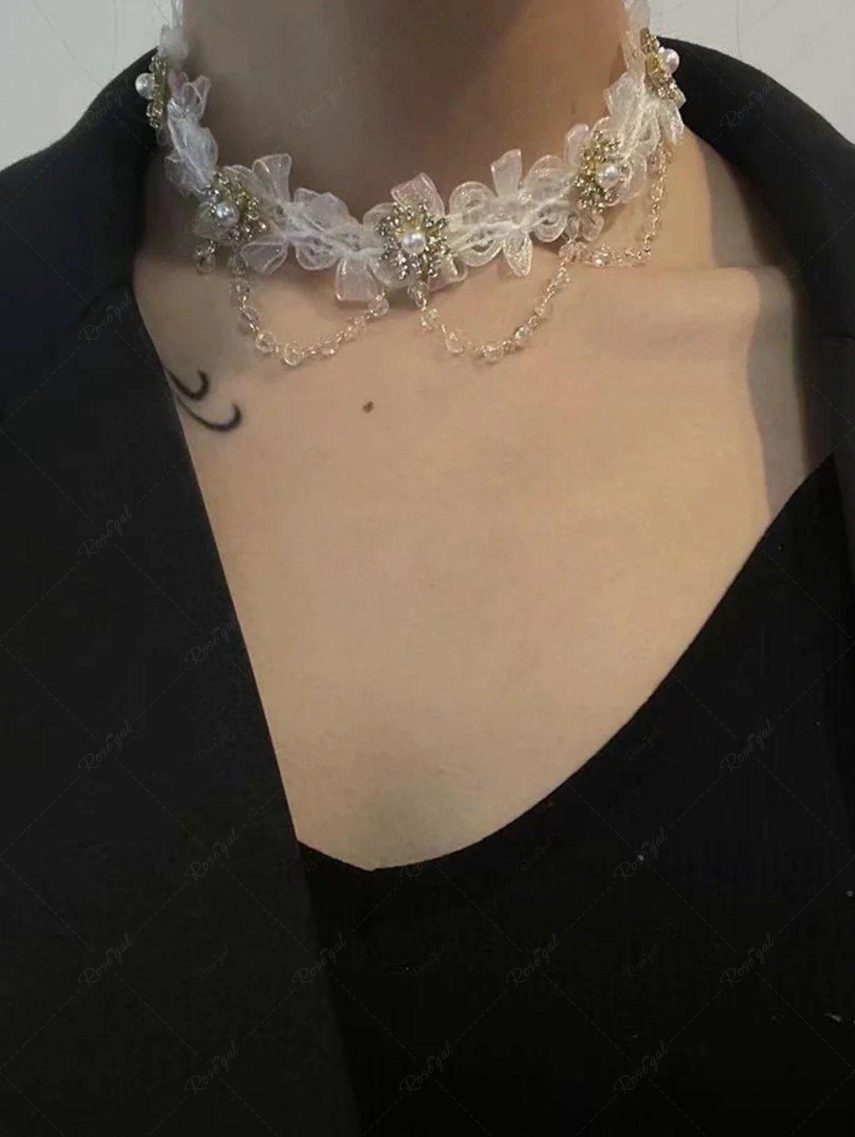 New Fashion Glitter Lace Floral Faux Pearl Crystal Tassel Choker Necklace  