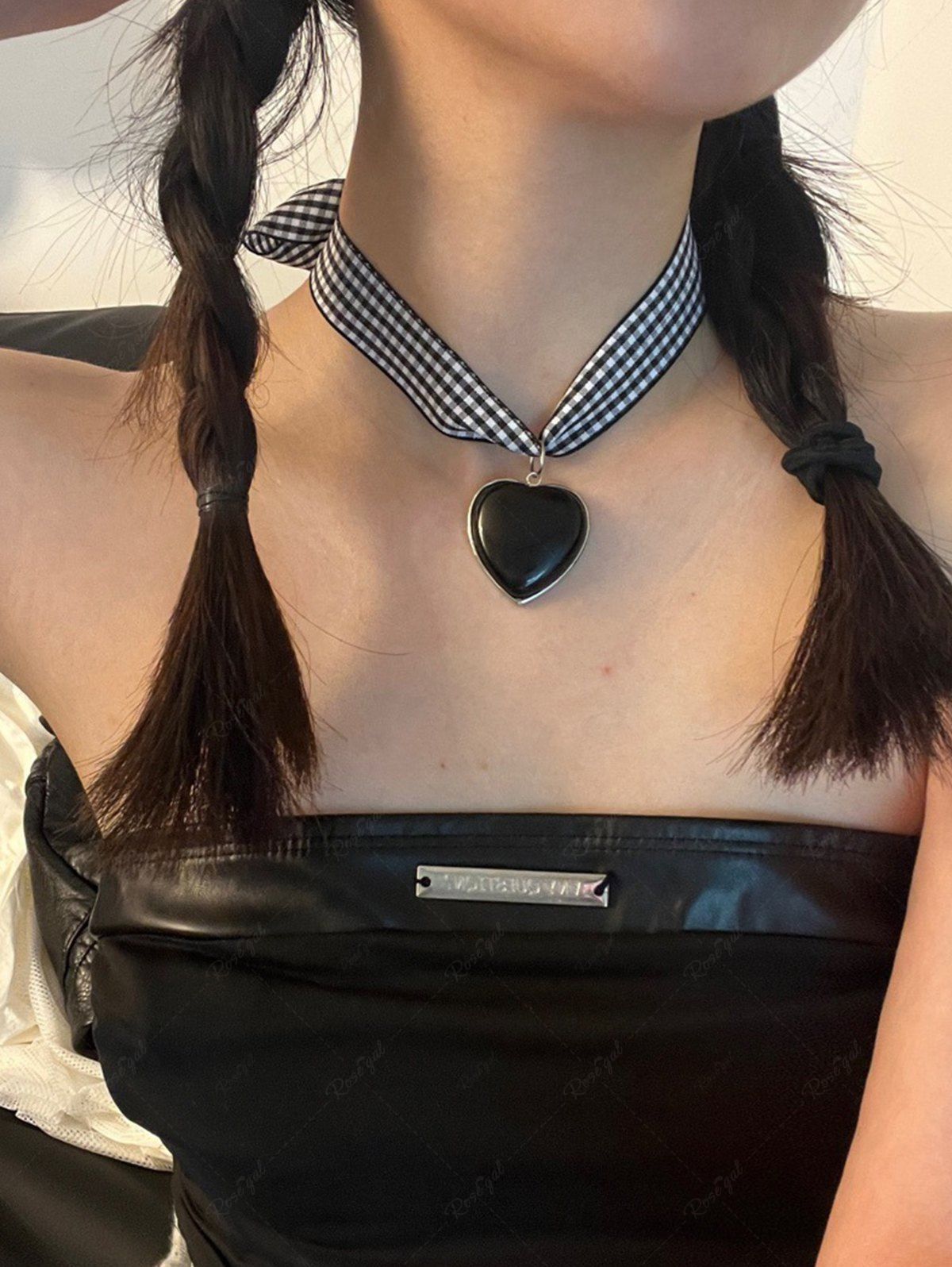 Fancy Fashion Plaid Ribbon Heart Shaped Pendant Necklace  