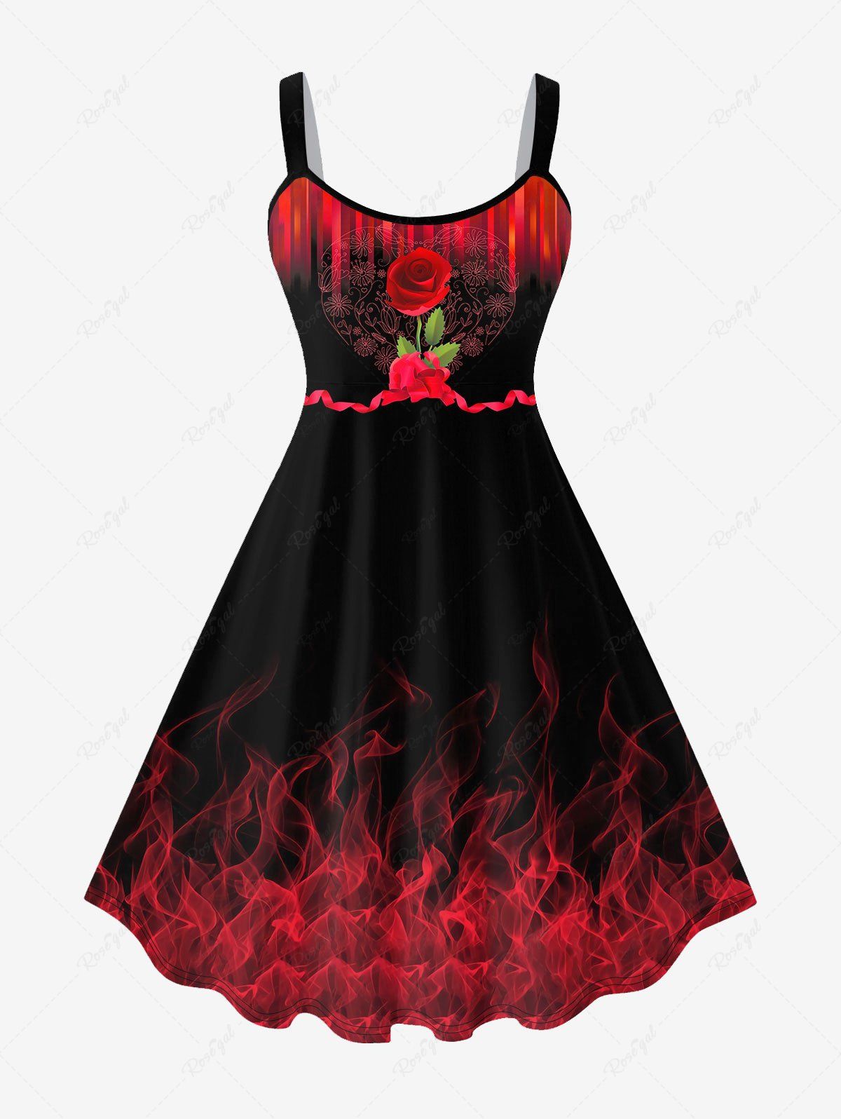 Fancy Plus Size Valentine's Day Rose Flower Heart Ribbon Flame Print Tank Dress  