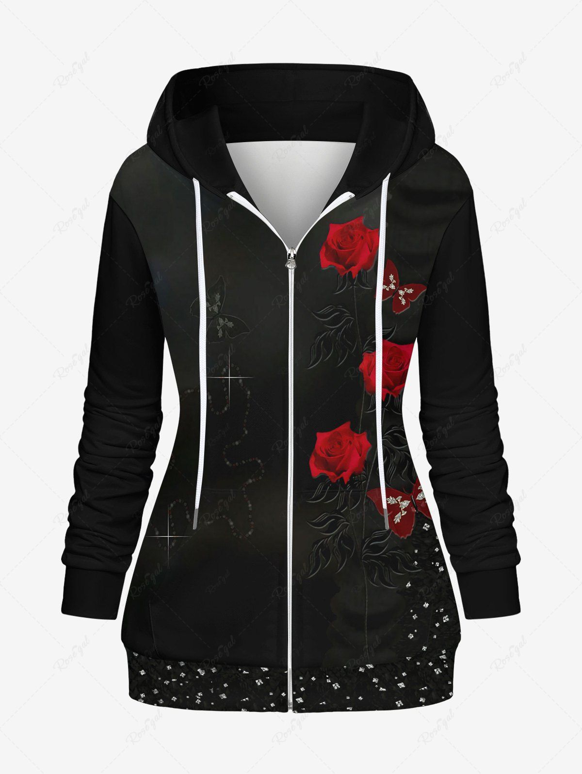 Fancy Plus Size Valentine's Day Rose Flowers Butterfly Crystal Colorblock Glitter 3D Print Pockets Zip Up Drawstring Hoodie  