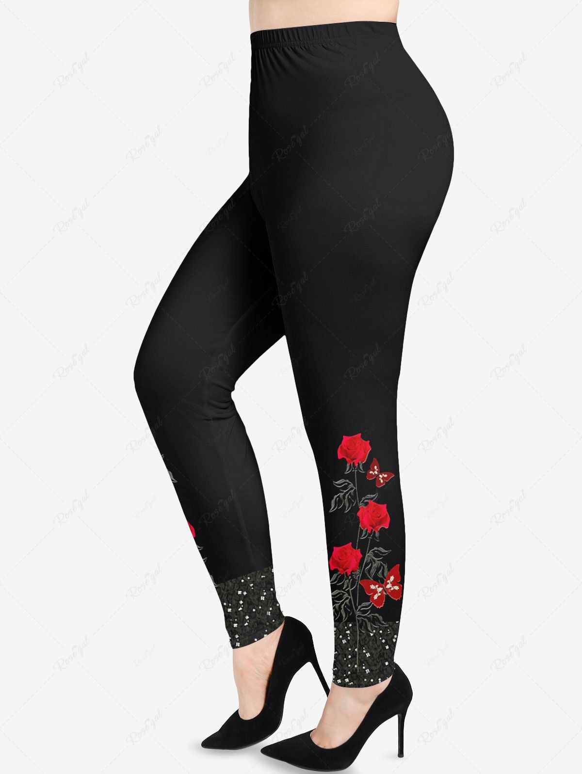 Outfit Plus Size Valentine's Day Rose Flowers Butterfly Crystal Colorblock Print Leggings  