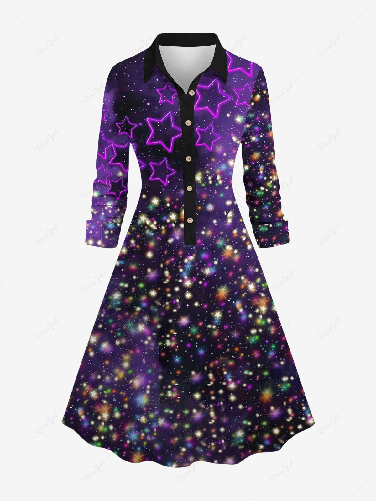Online Plus Size Galaxy Stars Sparkling Sequin Glitter 3D Print Buttons Turndown Collar Long Sleeve Shirt Dress  
