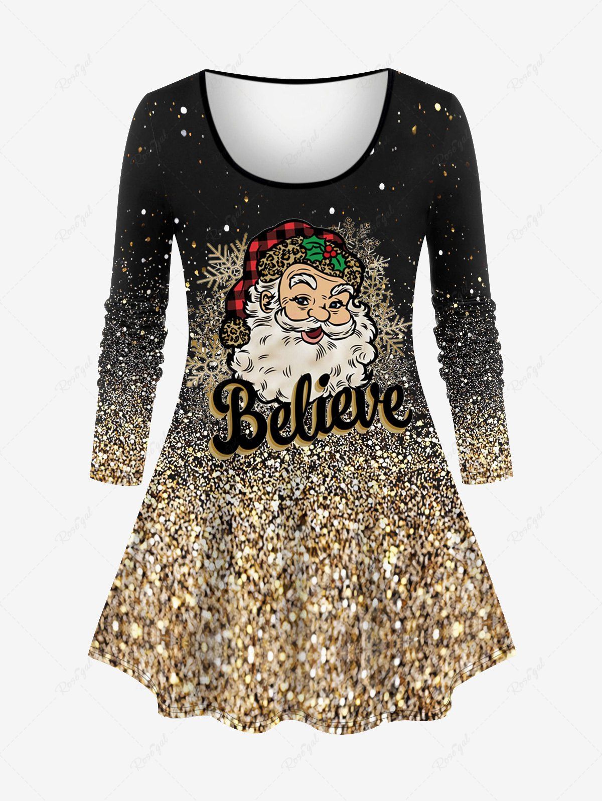Best Plus Size Christmas Snowflake Santa Clause Sparkling Sequin Glitter 3D Print Long Sleeve T-shirt  