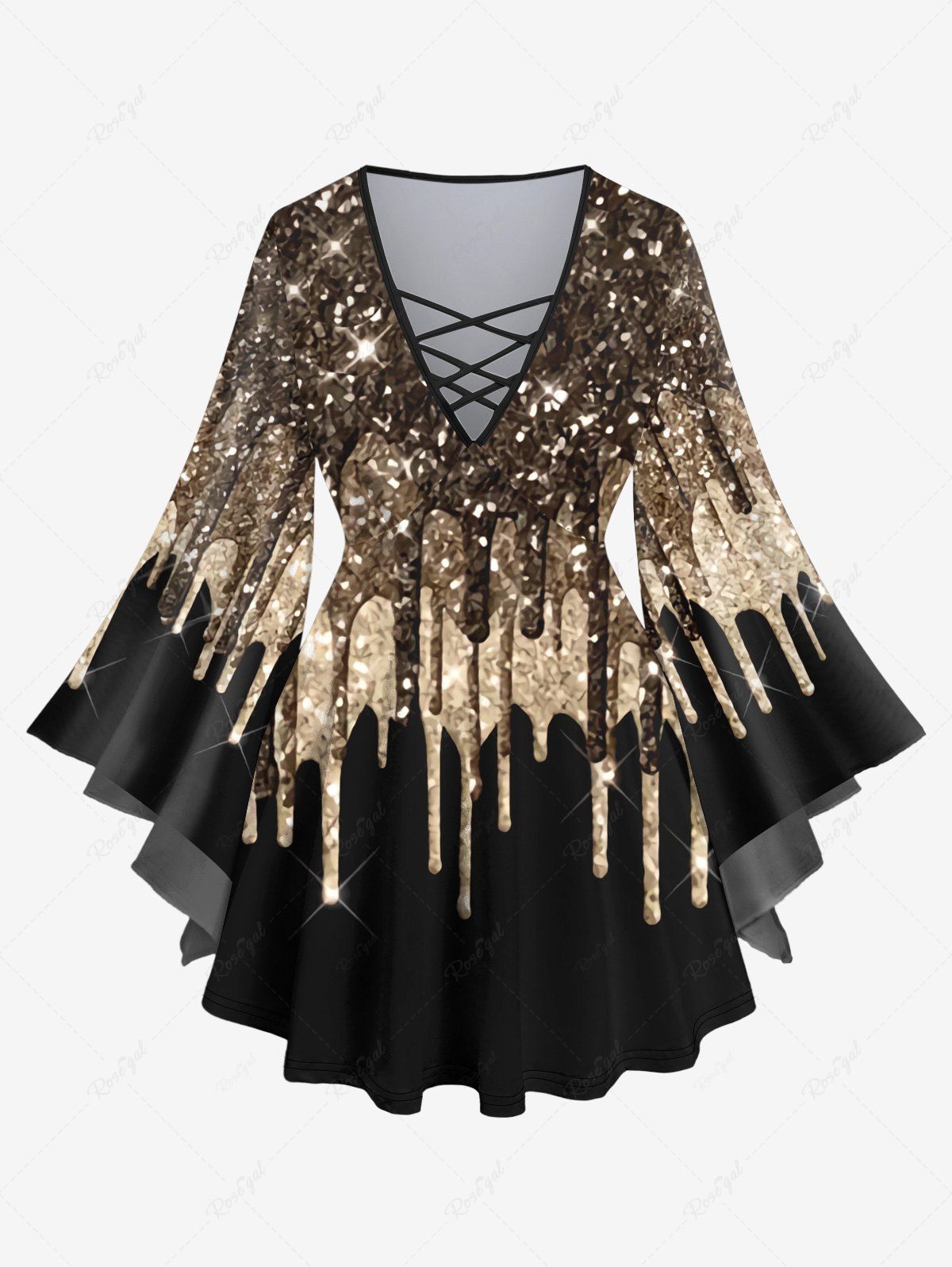 Affordable Plus Size Flare Sleeves Glitter Sparkling Sequins Paint Drop Print Lattice Top  