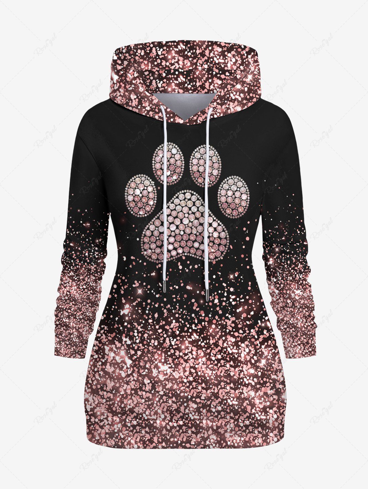 Online Plus Size Cat Claw Sparkling Sequin Glitter 3D Print Pullover Drawstring Hoodie  