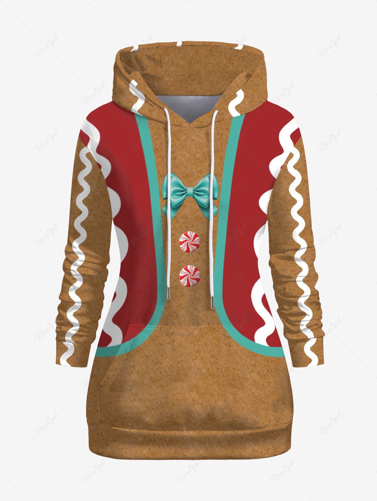 Fashion Plus Size Christmas Gingerbread Bowknot Candy Print Pockets Pullover Drawstring Hoodie  
