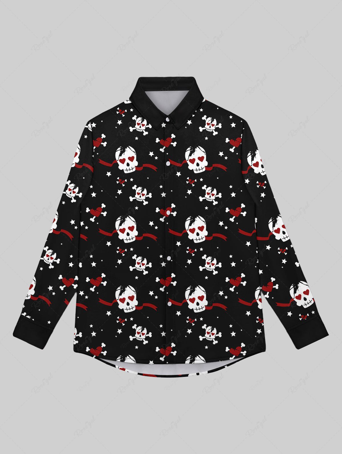 Unique Gothic Valentine's Day Skulls Heart Stars Print Buttons Shirt For Men  
