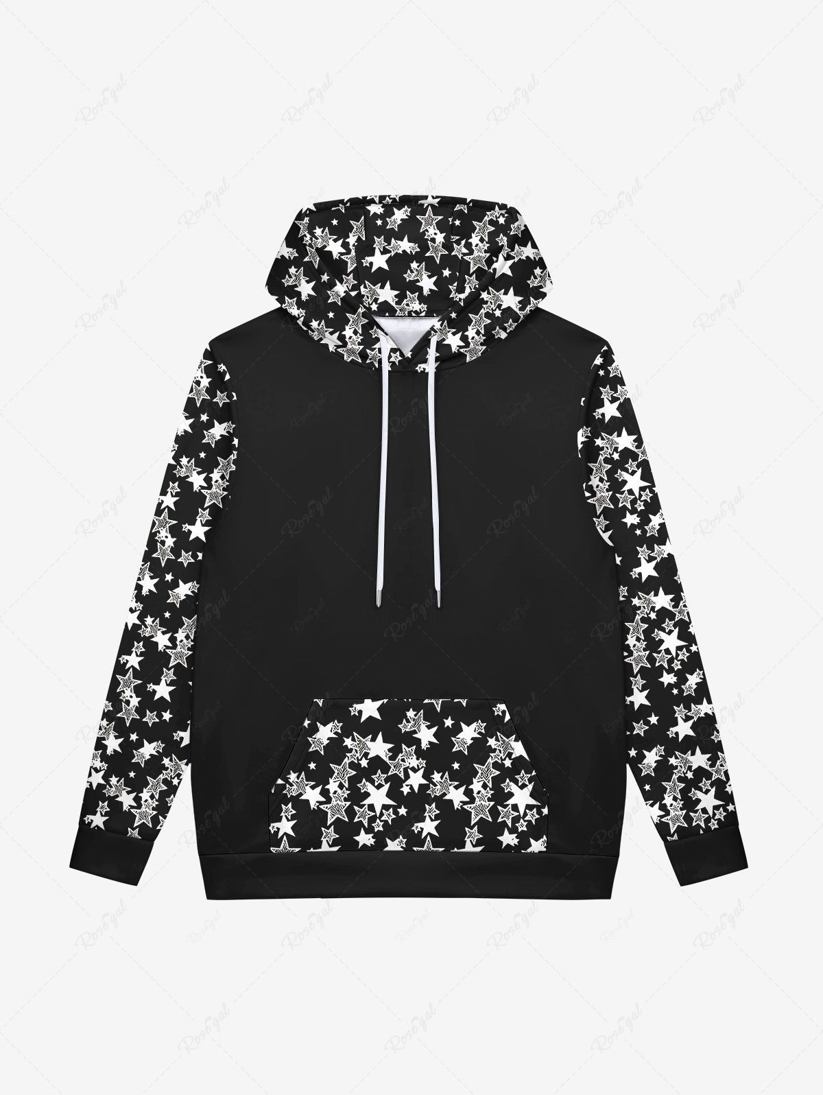 Affordable Gothic Stars Print Pockets Pullover Fleece Lining Drawstring Hoodie For Men  