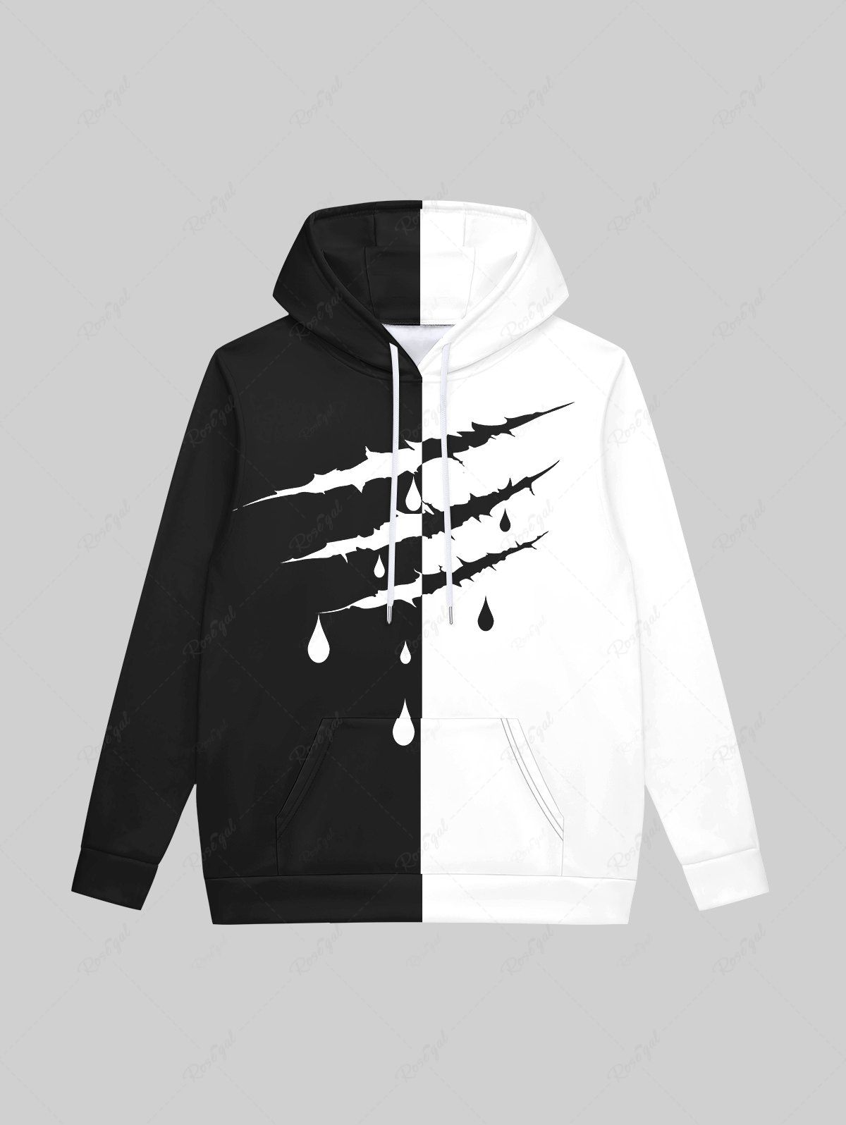 Online Gothic 3D Ripped Bloody Drop Print Two Tone Patchwork Pocket Drawstring Fleece Lining Pullover Hoodie For Men  