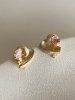 Faux Pearl Crystal Heart Stud Earrings -  