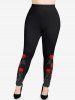 Plus Size Valentine's Day Rose Flowers Butterfly Crystal Colorblock Print Leggings -  