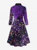 Plus Size Galaxy Stars Sparkling Sequin Glitter 3D Print Buttons Turndown Collar Long Sleeve Shirt Dress -  
