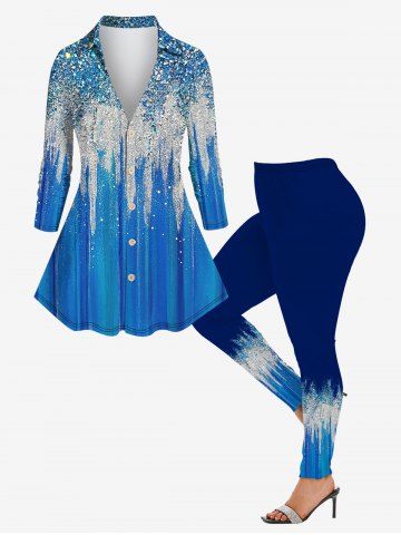 Colorblock Sparkling Sequin Glitter 3D Printed Buttons Turndown Collar Long Sleeve Shirt and Leggings Plus Size Bundle - BLUE