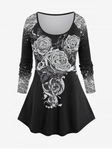 Plus Size Rose Flowers Leaf Sparkling Sequin Glitter 3D Print Raglan Sleeve T-shirt - BLACK - S