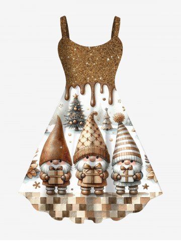 Plus Size Glitter Sparkling Paint Drop Christmas Tree Hat Santa Claus Plaid Snowflake Gift Box Print A Line Tank Dress - COFFEE - S