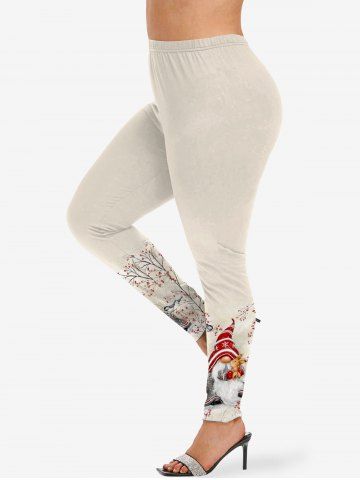 Plus Size Christmas Holly Striped Hat Snowflake Santa Claus Rabbit Bird Tree Print Skinny Leggings - LIGHT COFFEE - XS