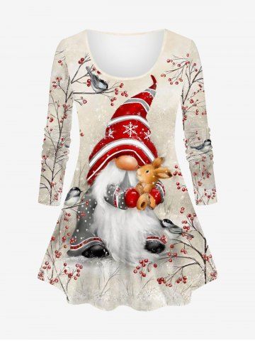 Plus Size Christmas Holly Striped Hat Snowflake Santa Claus Rabbit Bird Print Long Sleeves T-shirt - LIGHT COFFEE - XS