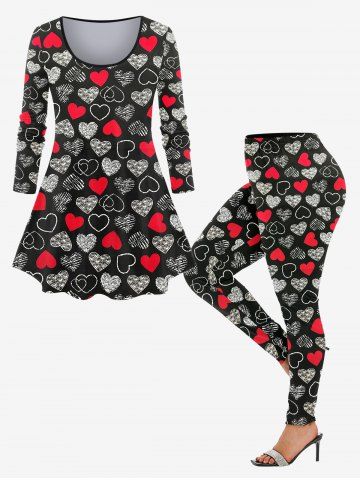 Plus Size Heart Striped Print Long Sleeves Top and Leggings Pajama Set - BLACK - XS