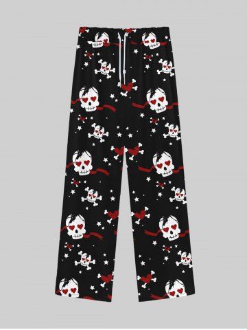 Gothic Valentine's Day Skulls Skeleton Heart Ribbons Print Wide Leg Drawstring Sweatpants For Men - BLACK - XL