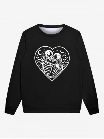 Gothic Valentine's Day Heart Skeleton Skulls Moon Birds Print Crew Neck Sweatshirt For Men - BLACK - L