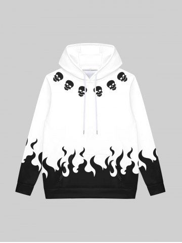 Gothic Skulls Flame Colorblock Print Fleece Linging Drawstring Hoodie For Men - WHITE - M