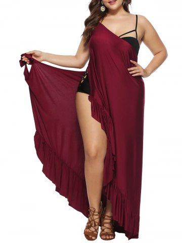 Plus Size Beach Wrap Ruffles Cover Up Solid Dress - DEEP RED - 1X | US 14-16