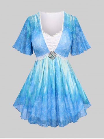 Plus Size Rose Mesh Flower Buckle Lace Trim Ruffles Ruched Flutter Sleeve 2 In 1 T-shirt - LIGHT BLUE - L | US 12